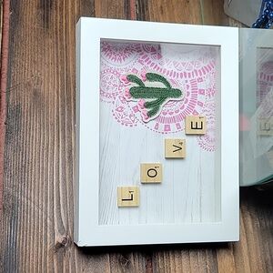 Scrabble Tile LOVE Shadowbox Shabby Chic Pink Green Cactus Decor